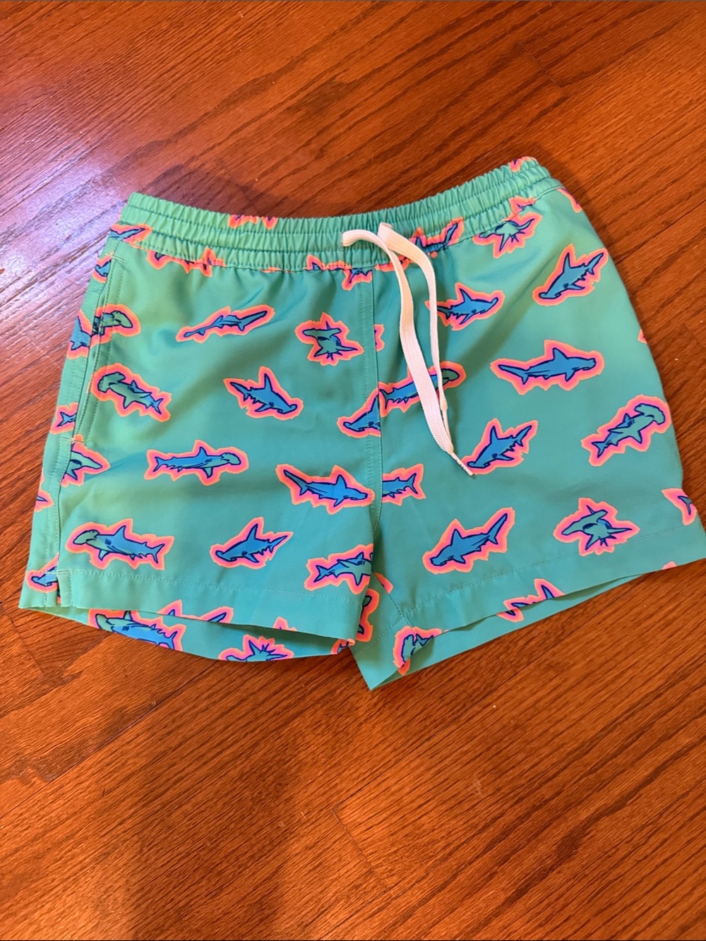 chubbies Aqua Swim Shorts with Pink & Blue Shark Motif